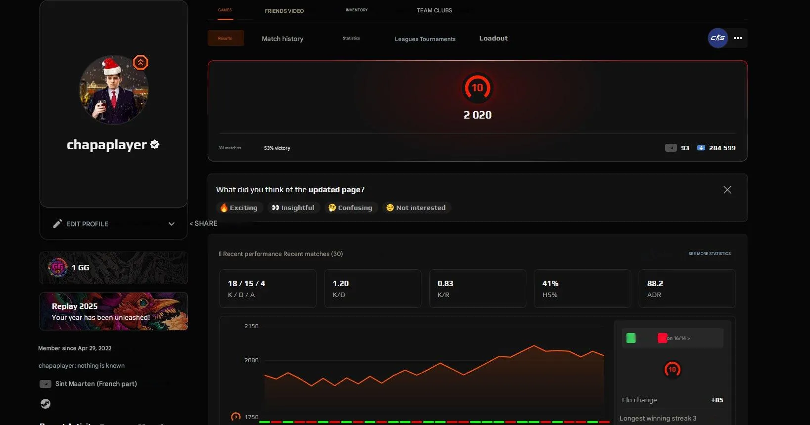 CS251 FACEIT 10 LVL 2020 ELO 331 Matches Verified Native Mail 5 Year Medal 